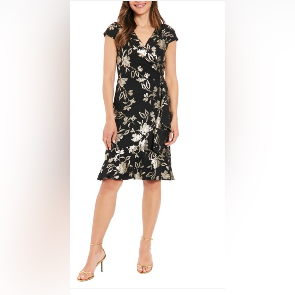 London Times Black Midi Dress with Floral Pattern
